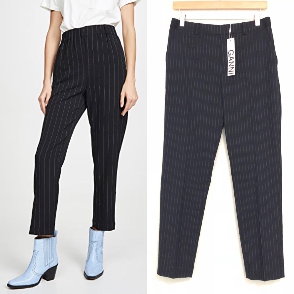 NEW Ganni Navy Pinstripe Pants Style F3490 Pull On